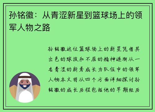 孙铭徽：从青涩新星到篮球场上的领军人物之路